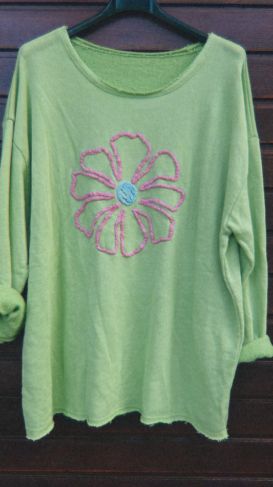 Sudadera bordado flor pistacho